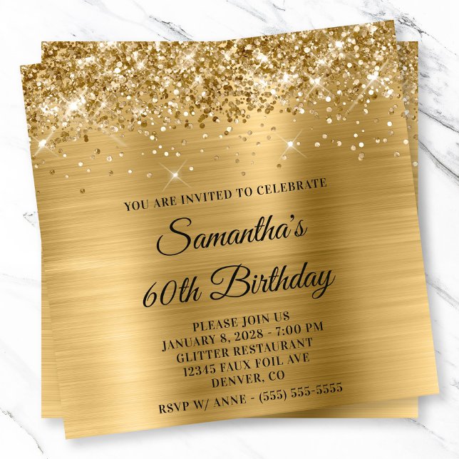 Glittery Gold Metallic Look 60th Birthday Invitation (Glittery Gold Metallic Look 60th Birthday Invitation)