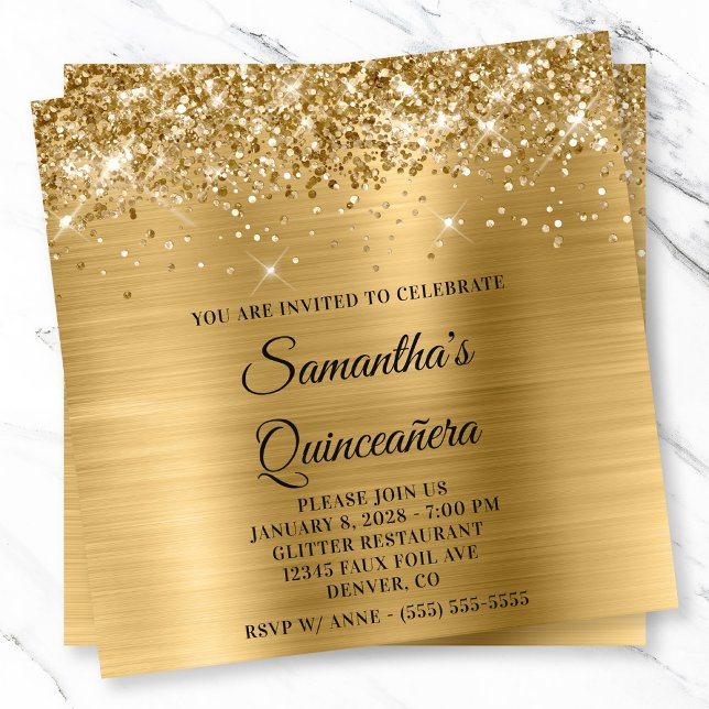 Glittery Gold Metallic Look Quinceanera Invitation (Glittery Gold Metallic Look Quinceanera Invitation)