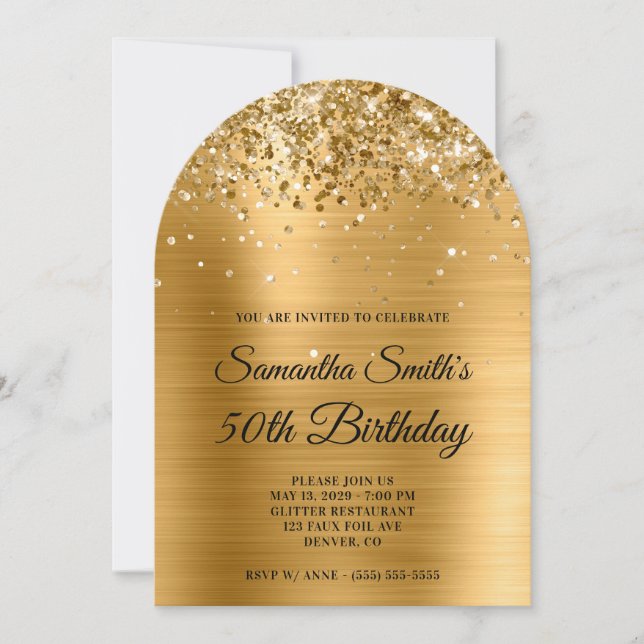 Glittery Gold Metallic Monogram 50th Birthday Invitation (Front)