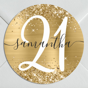 Glittery Gold Metallic Personalized 21 Classic Round Sticker