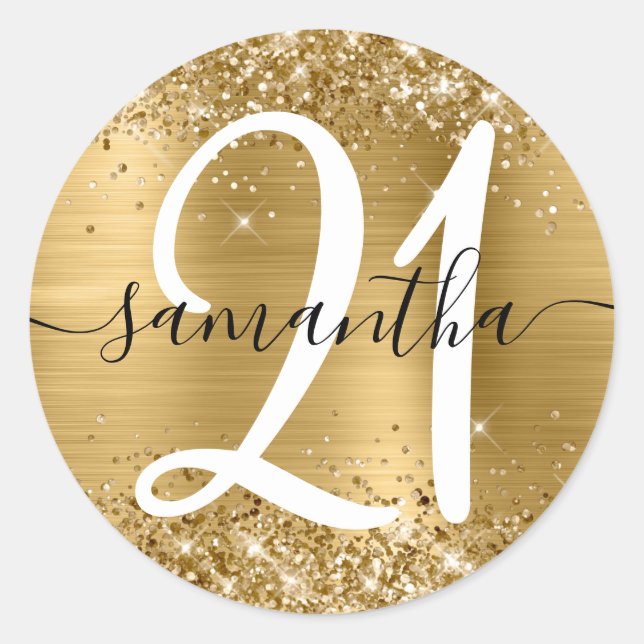Glittery Gold Metallic Personalized 21 Classic Round Sticker (Front)