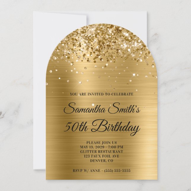 Glittery Gold Metallic Photo 50th Birthday Invitation (Front)