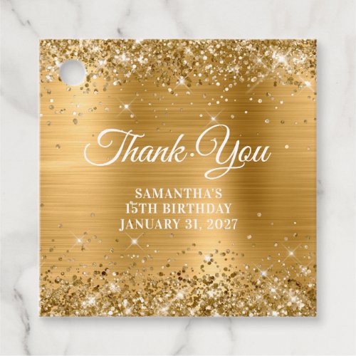Glittery Gold Monogram 15th Birthday Thank You Favor Tags