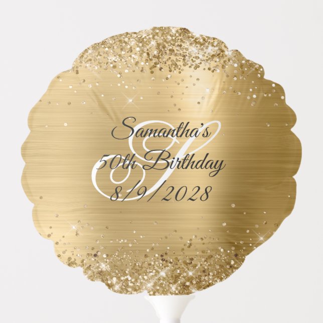 Glittery Gold Monogrammed 50th Birthday Photo Balloon (Front)