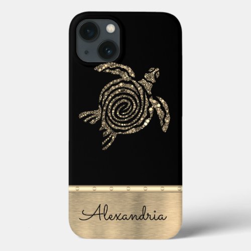 Glittery Gold Mosaic Turtle Personalized iPhone 13 Case