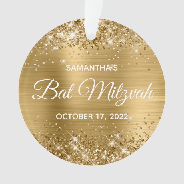 Glittery Gold Ombre Foil Bat Mitzvah Ornament (Front)