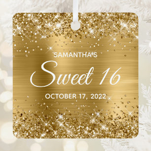 Glittery Gold Ombre Foil Sweet 16 Metal Ornament