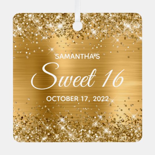 Glittery Gold Ombre Foil Sweet 16 Metal Ornament