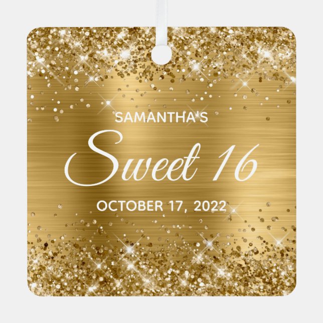 Glittery Gold Ombre Foil Sweet 16 Metal Ornament (Front)