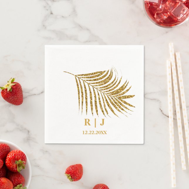Glittery Gold Palm Leaf Monogram Name Wedding Napkins (Insitu)