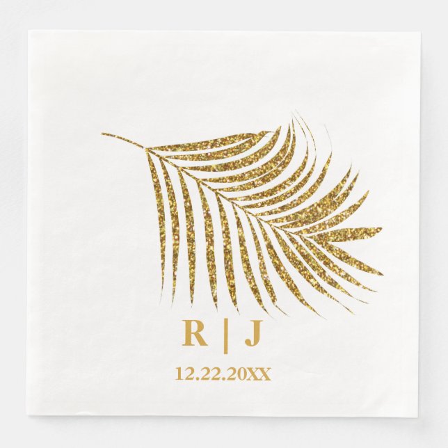 Glittery Gold Palm Leaf Monogram Name Wedding Paper Dinner Napkins (Front)