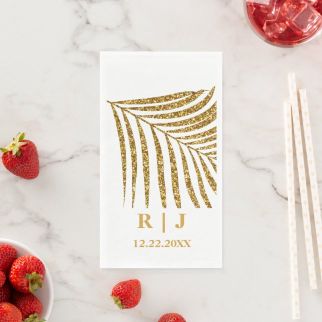 Glittery Gold Palm Leaf Monogram Name Wedding Paper Guest Towels (Insitu)