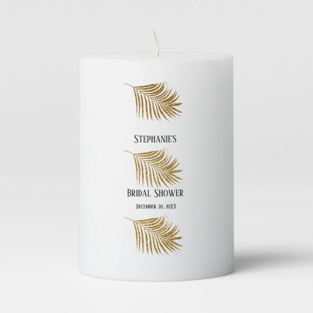 Glittery Gold Palm Tree Leaf Bridal Shower Wedding Pillar Candle (Front)