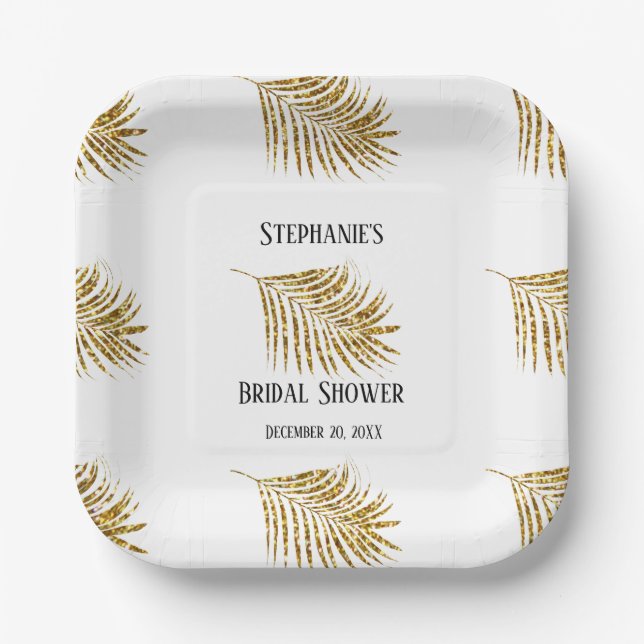 Glittery Gold Palm Tree Leaf Wedding Bridal Shower Paper Plates (Front)