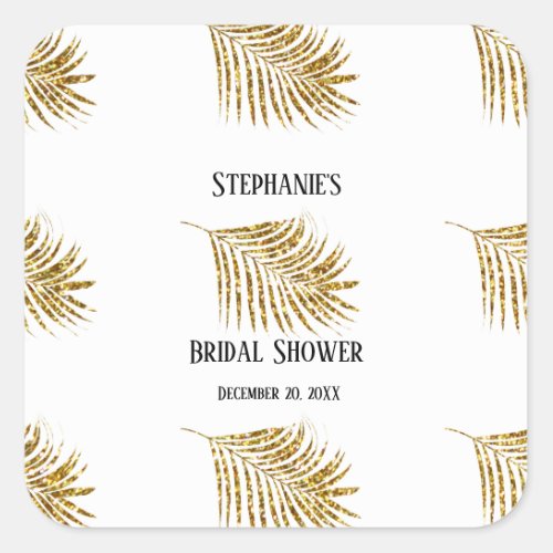 Glittery Gold Palm Tree Leaf Wedding Bridal Shower Square Sticker