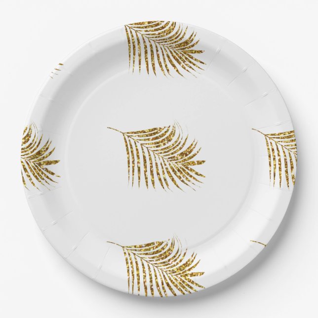 Glittery Gold Palms Tropical Weddings Celebrations Paper Plates (Front)