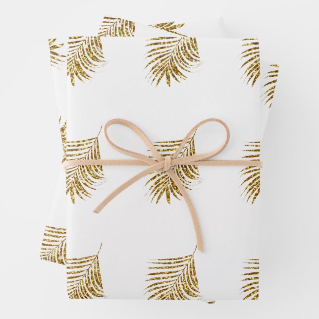 Glittery Gold Palms Tropical Weddings Celebrations Wrapping Paper Sheets (In situ)