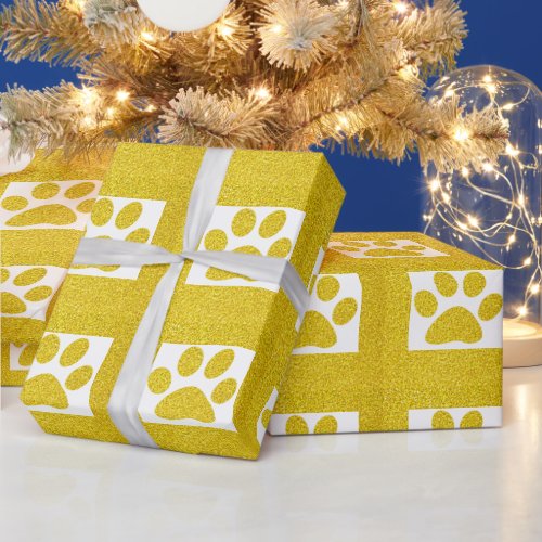 Glittery Gold Paw Print Patterns Golden White Cute Wrapping Paper