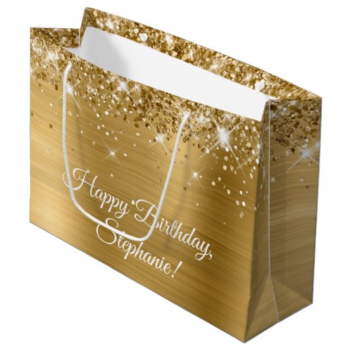 Glittery Gold Personalized Happy Birthday Large Gift Bag