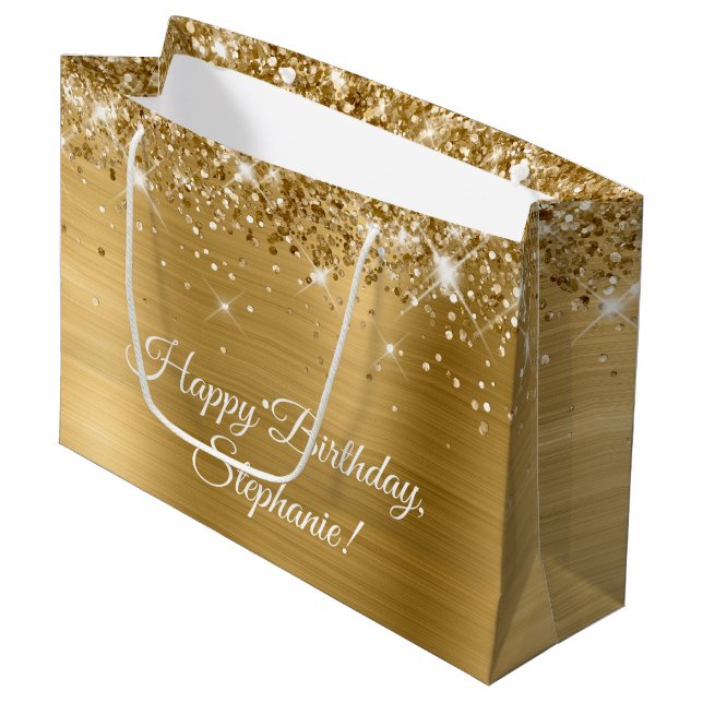 Glittery Gold Personalized Happy Birthday Large Gift Bag (Front Angled)