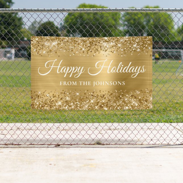 Glittery Gold Personalized Happy Holidays Banner (Insitu)
