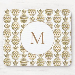 Glittery Gold Pineapple Pattern White Monogram Mouse Pad
