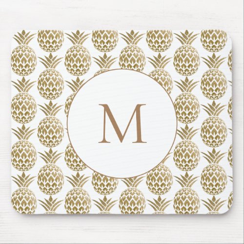 Glittery Gold Pineapple Pattern White Monogram Mouse Pad