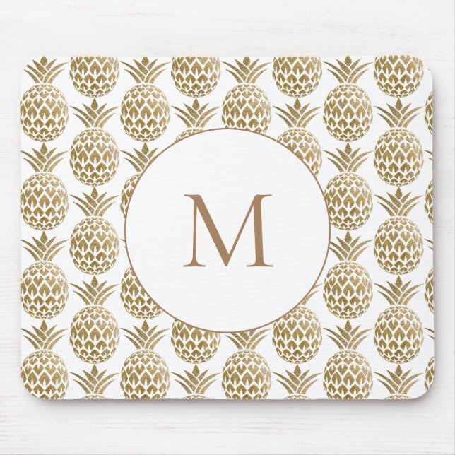 Glittery Gold Pineapple Pattern White Monogram Mouse Pad (Front)