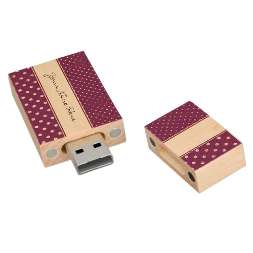 Glittery Gold Polka Dots on Fancy Purple Wood Flash Drive