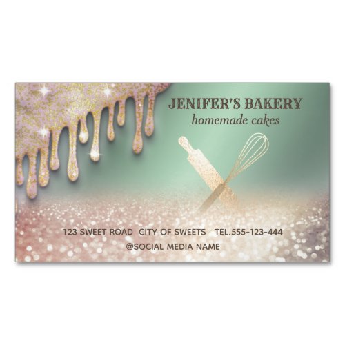 Glittery gold rolling pin whisk chef bakery busine business card magnet