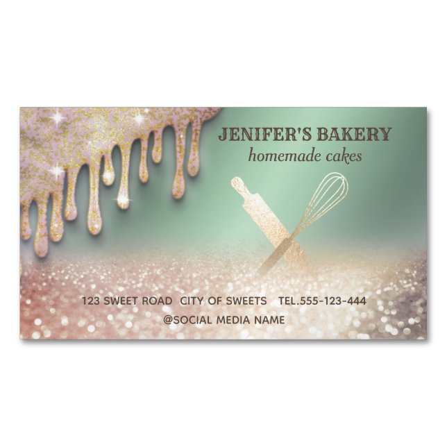 Glittery gold rolling pin whisk chef bakery busine business card magnet (Front)