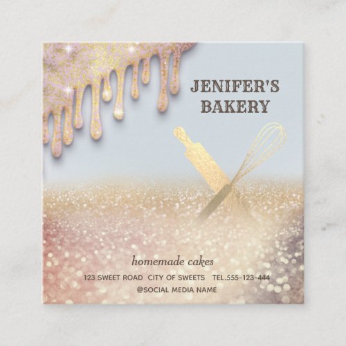 Glittery gold rolling pin whisk chef bakery busine square business card