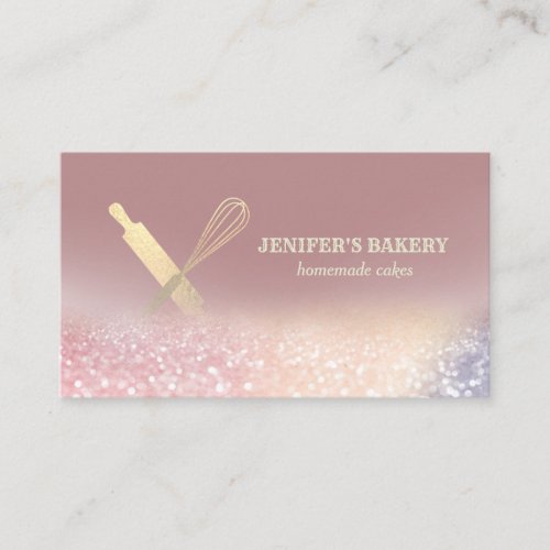 Glittery gold rolling pin whisk chef bakery business card