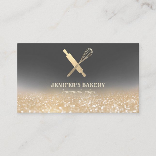 Glittery gold rolling pin whisk chef bakery business card (Front)
