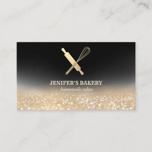 Glittery gold rolling pin whisk chef bakery business card