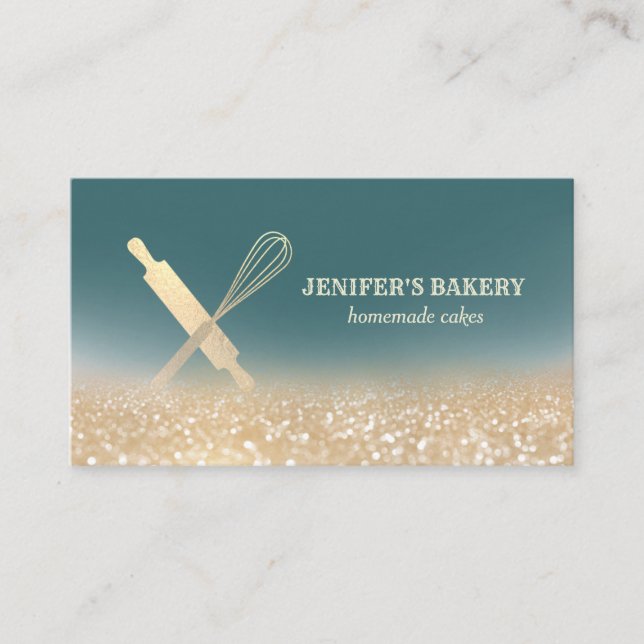 Glittery gold rolling pin whisk chef bakery business card (Front)