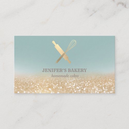 Glittery gold rolling pin whisk chef bakery business card