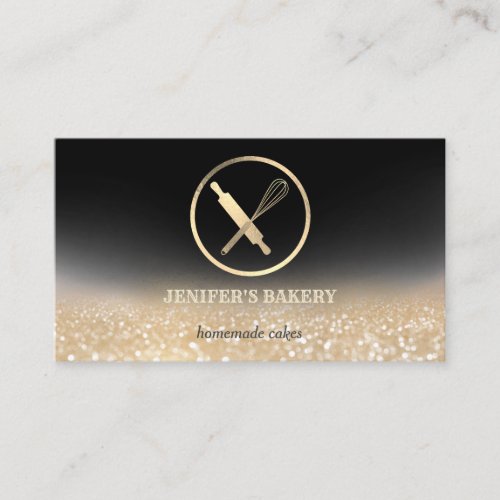 Glittery gold rolling pin whisk chef bakery business card