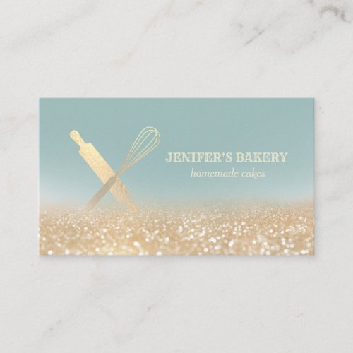 Glittery gold rolling pin whisk chef bakery business card