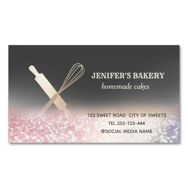 Glittery gold rolling pin whisk chef bakery business card magnet (Front)