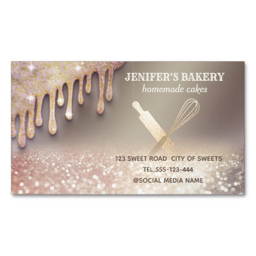 Glittery gold rolling pin whisk chef bakery business card magnet