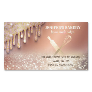 Glittery gold rolling pin whisk chef bakery business card magnet