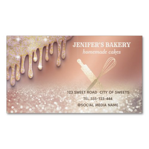 Glittery gold rolling pin whisk chef bakery business card magnet