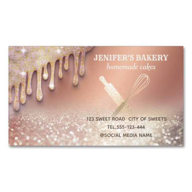 Glittery gold rolling pin whisk chef bakery business card magnet (Front)