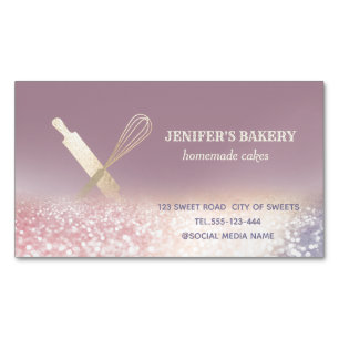 Glittery gold rolling pin whisk chef bakery business card magnet