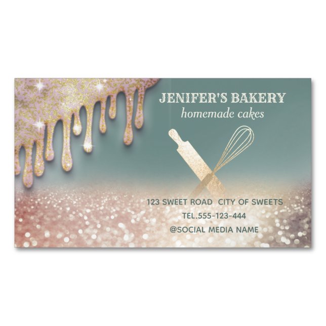 Glittery gold rolling pin whisk chef bakery business card magnet (Front)