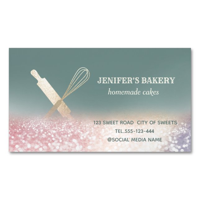 Glittery gold rolling pin whisk chef bakery business card magnet (Front)