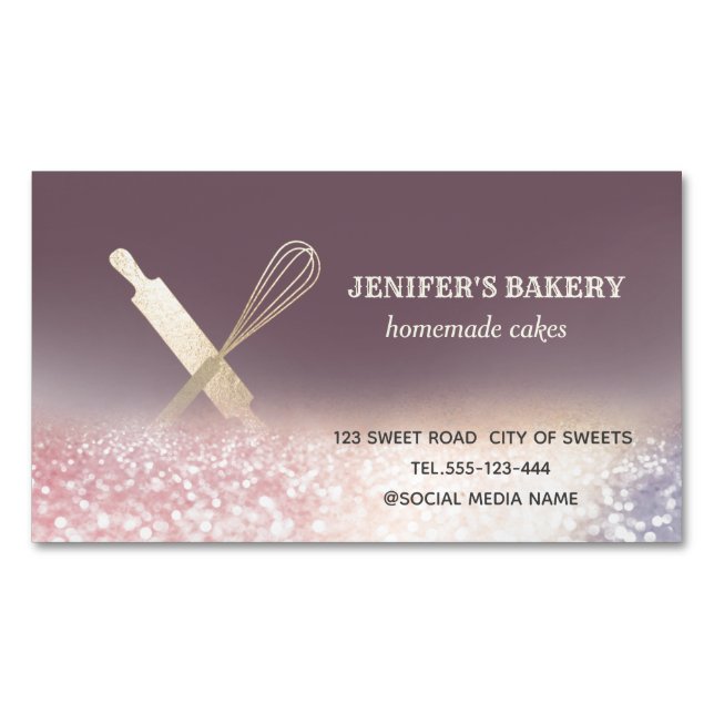 Glittery gold rolling pin whisk chef bakery business card magnet (Front)