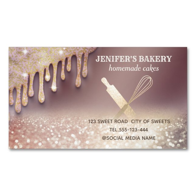 Glittery gold rolling pin whisk chef bakery business card magnet (Front)