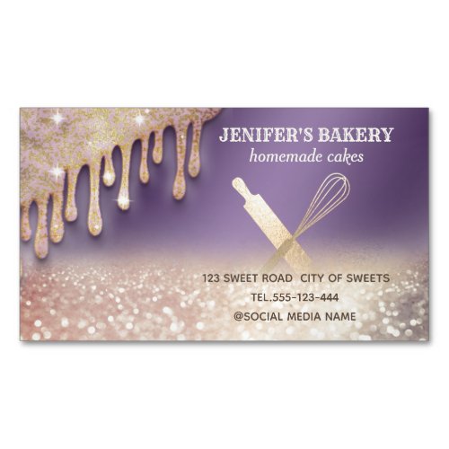 Glittery gold rolling pin whisk chef bakery business card magnet